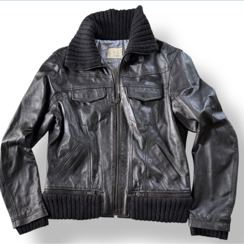 Black Leather Jacket with Ribbed Collar